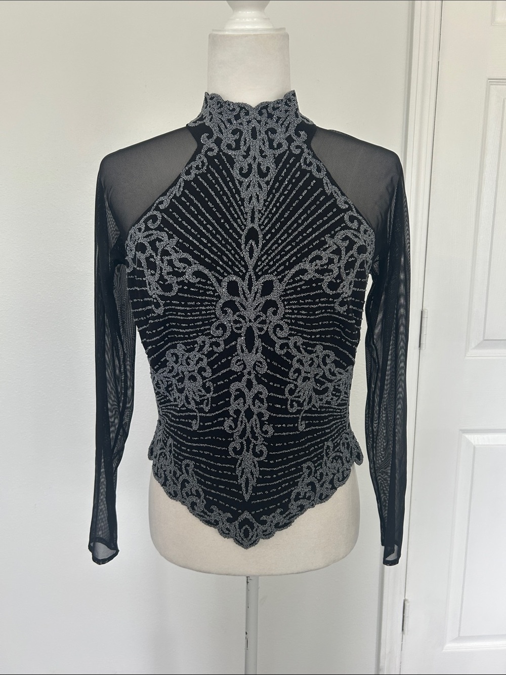 Embellished Black Mesh Long-Sleeve top. Size M